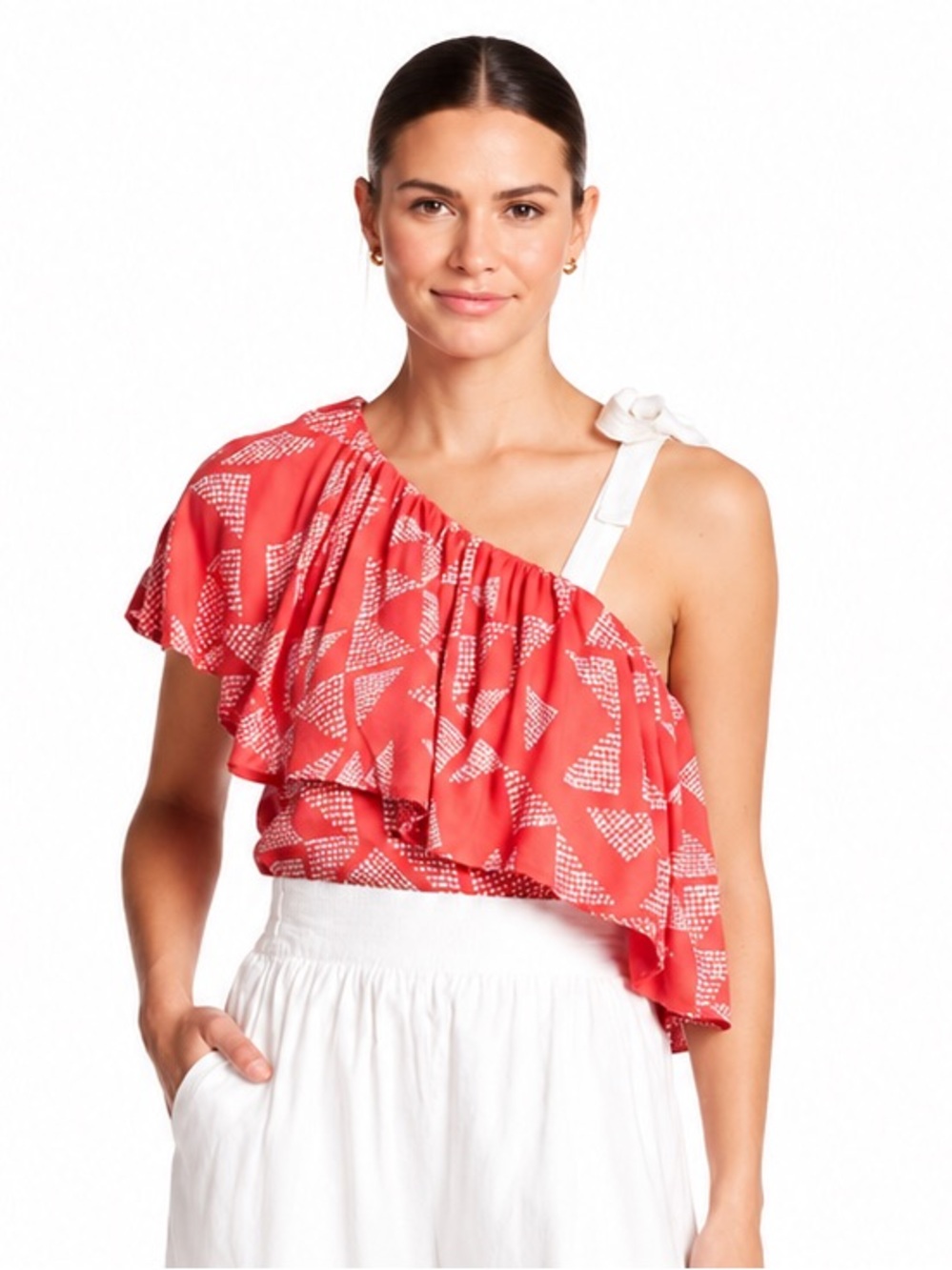 NWT Splendid Red Coral White Geometric One Shoulder Ruffle Top XS Extra Small
